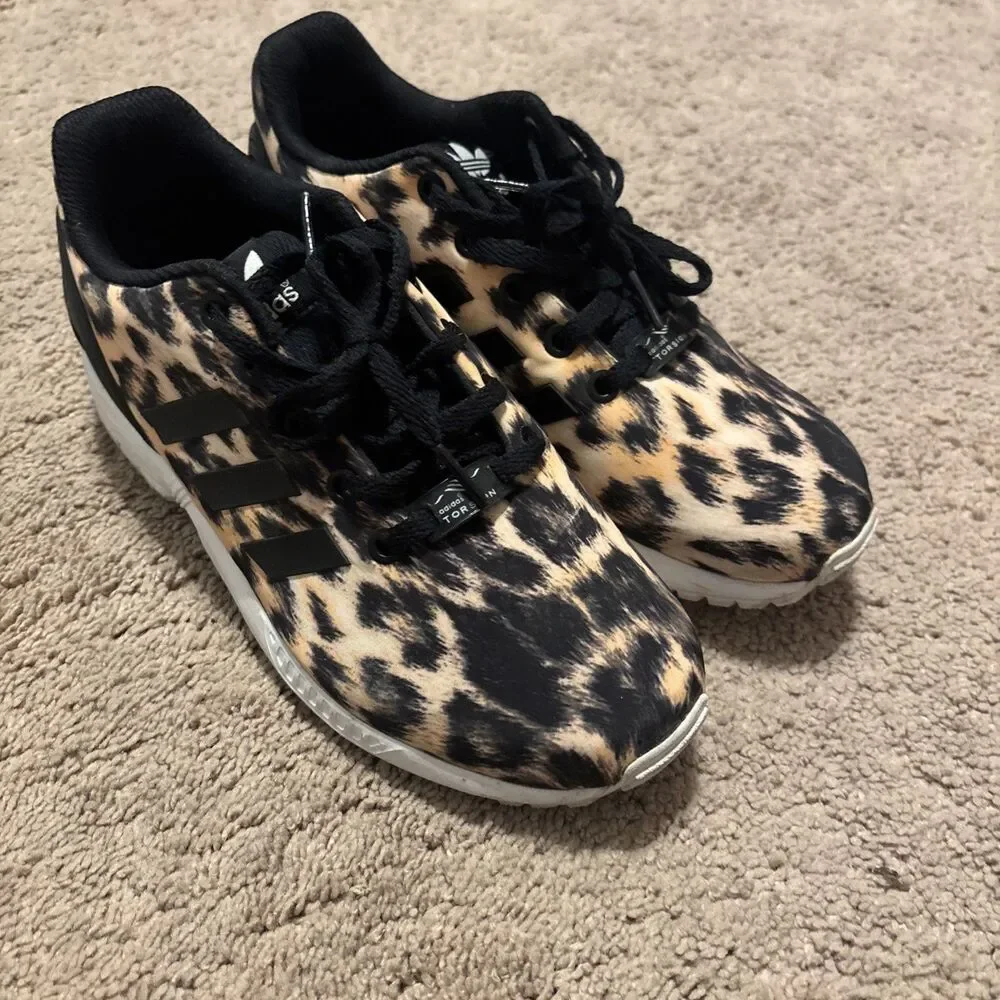 Womans Adidas Black Tan Torsion ZX Flux Cheetah Size 4 1/2 Sneakers Black Lace